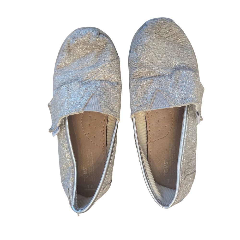 TOMS Shoes Girls 11c Silver Glitter Alpargata Slip On Shoes